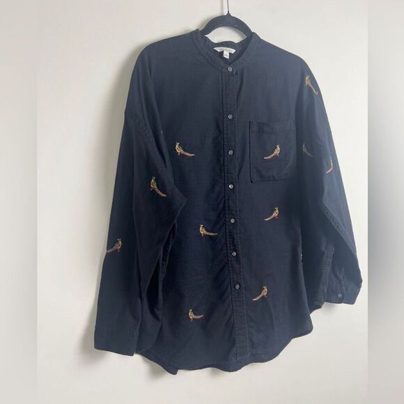 L.L. Bean Signature 100% Cotton Black Embroidered Pheasant Print Classic Blouse - Picture 4 of 12